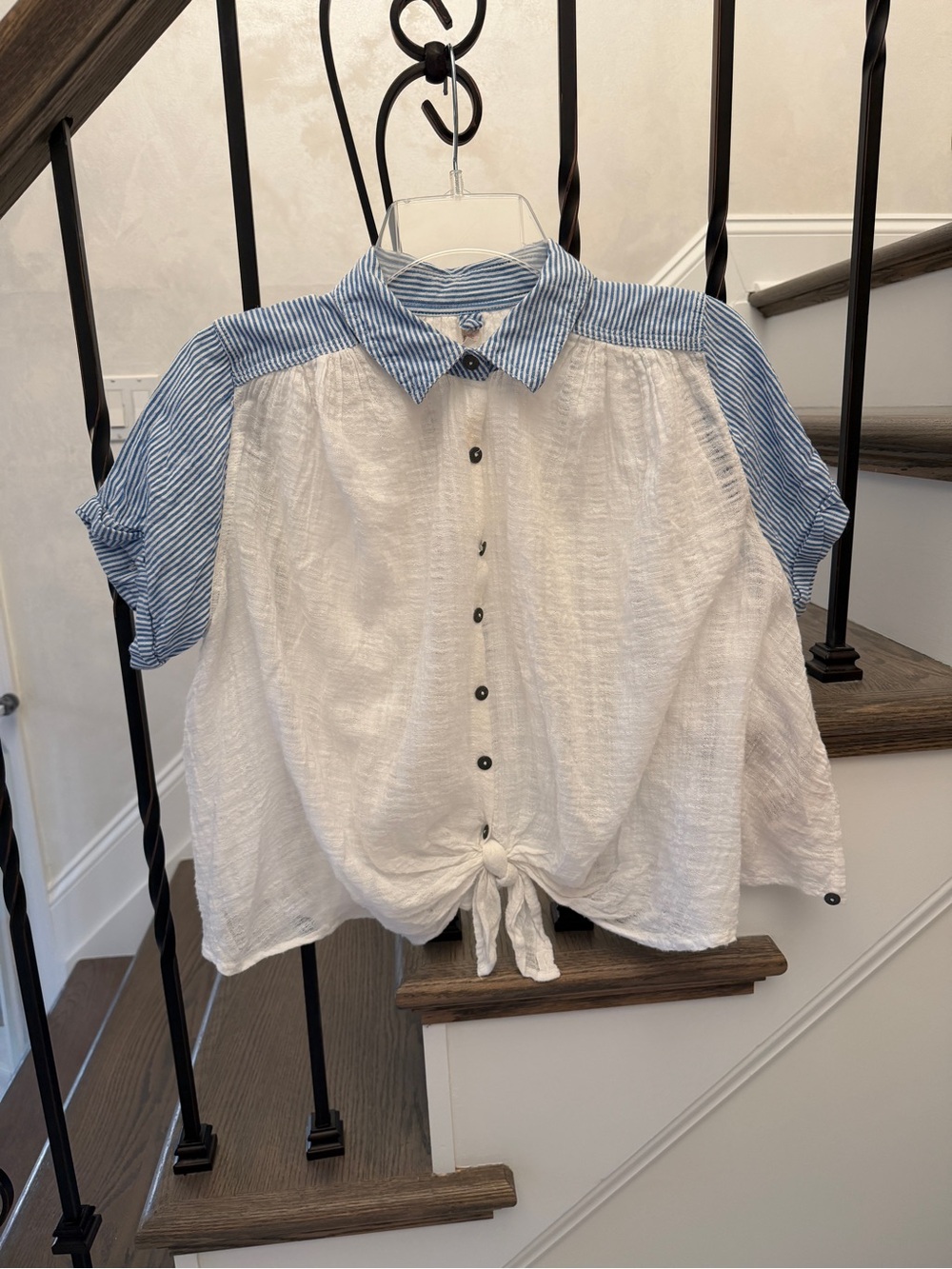 Free People Sheer White Gauze Top Blue Stripe Trim Front Tie Short Sleeve S